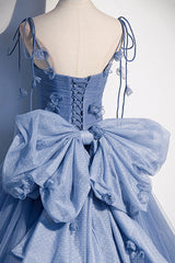 Prom Dresses Size 24, Blue Tulle Long A-Line Prom Dress, Blue Spaghetti Straps Party Dress with Bow