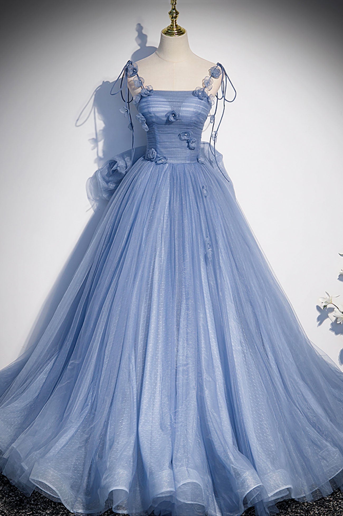 Prom Dress Sweetheart, Blue Tulle Long A-Line Prom Dress, Blue Spaghetti Straps Party Dress with Bow