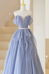 Prom Dresses For Teen, Blue Tulle Long A-Line Prom Dress, Cute Strapless Graduation Dress