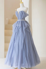 Prom Dress With Shorts, Blue Tulle Long A-Line Prom Dress, Cute Strapless Graduation Dress