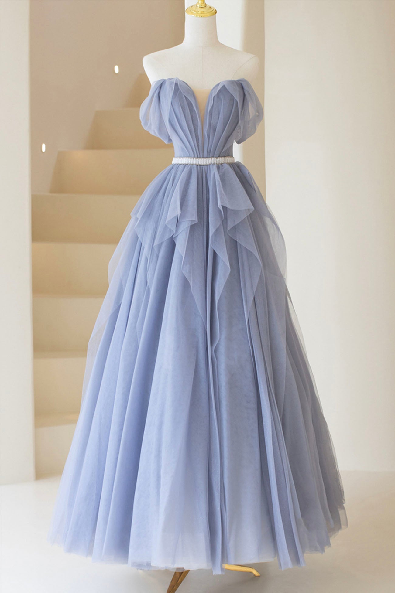 Prom Dress For Teen, Blue Tulle Long A-Line Prom Dress, Cute Strapless Graduation Dress