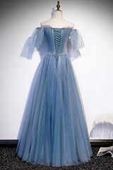 Bridesmaid Dressing Gown, Blue Tulle Long A-Line Prom Dress, Off the Shoulder Evening Party Dress