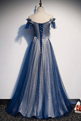 Prom Dress Simple, Blue Tulle Long A-Line Prom Dress, Off the Shoulder Evening Party Dress