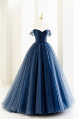 Party Dresses Idea, Blue Tulle Long A-Line Prom Dress, Off the Shoulder Formal Evening Dress