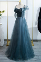 Evening Dresses Stores, Blue Tulle Long A-Line Prom Dress, Simple Sweetheart Neckline Evening Party Dress