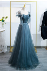 Evening Dress Shops Near Me, Blue Tulle Long A-Line Prom Dress, Simple Sweetheart Neckline Evening Party Dress