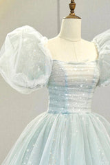 Short Black Dress, Blue Tulle Long A-Line Prom Dress with Sequins, Lovely Puff Sleeve Evening Gown