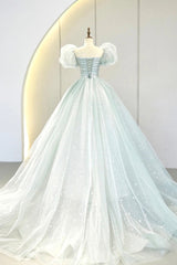 Prom Dresses Long, Blue Tulle Long A-Line Prom Dress with Sequins, Lovely Puff Sleeve Evening Gown