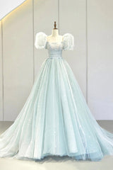 Sundress, Blue Tulle Long A-Line Prom Dress with Sequins, Lovely Puff Sleeve Evening Gown