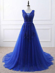 Long Black Dress, Blue Tulle Long Prom Dress , Blue Formal Gown