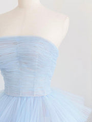 Party Dresses Summer, Blue Tulle Long Prom Dress, Blue Tulle Ball Gown Evening Dresses