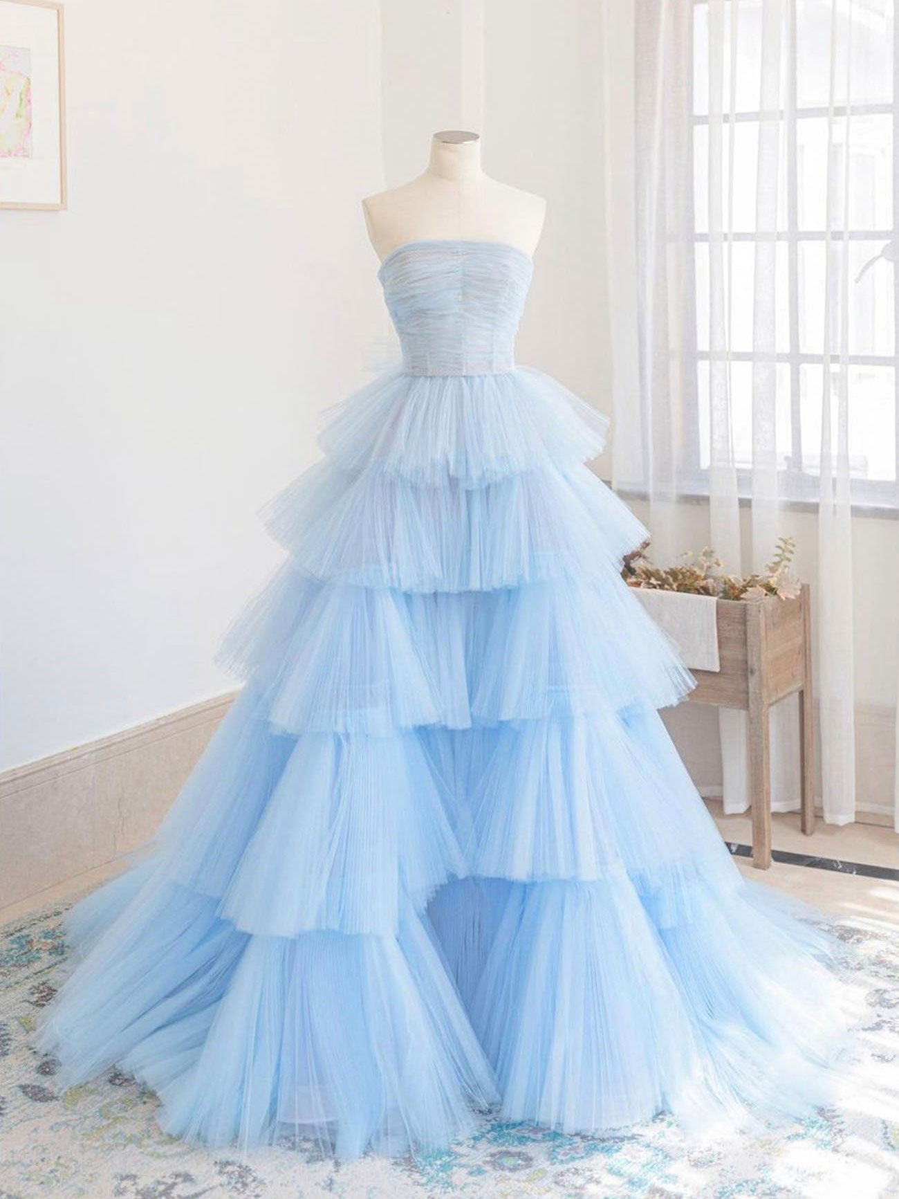 Party Dresses Cocktail, Blue Tulle Long Prom Dress, Blue Tulle Ball Gown Evening Dresses