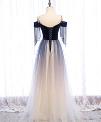 Prom Dress For Teens, Blue Tulle Long Prom Dress Blue Tulle Formal Dress with Beading Velvet