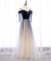 Prom Dress V Neck, Blue Tulle Long Prom Dress Blue Tulle Formal Dress with Beading Velvet