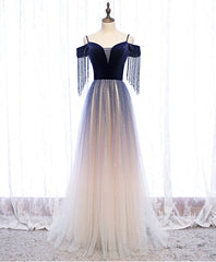 Prom Dress Short, Blue Tulle Long Prom Dress Blue Tulle Formal Dress with Beading Velvet