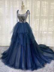 Formal Dresses Pink, Blue Tulle Long Prom Dress, Blue Tulle Long Evening Dress