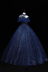 Prom Dress Blue, Blue Tulle Long Prom Dress with Sequins, A-Line Blue Formal Dress