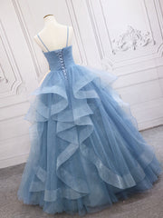 Party Dress After Wedding, Blue Tulle Long Prom Dresses, Blue Tulle Formal Dresses Sweet 16 Dress