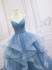 Party Dresses Classy Christmas, Blue Tulle Long Prom Dresses, Blue Tulle Formal Dresses Sweet 16 Dress