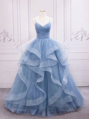 Party Dresses Christmas, Blue Tulle Long Prom Dresses, Blue Tulle Formal Dresses Sweet 16 Dress
