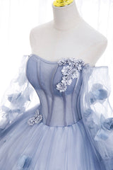 Formal Wedding Guest Dress, Blue Tulle Long Sleeves Formal Dress with Flowers, Blue A-Line Prom Dress