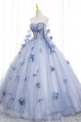 Trendy Dress Outfit, Blue Tulle Long Sleeves Formal Dress with Flowers, Blue A-Line Prom Dress