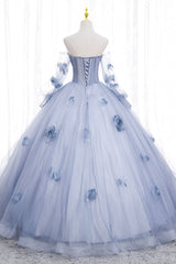 Party Dresses With Boots, Blue Tulle Long Sleeves Formal Dress with Flowers, Blue A-Line Prom Dress