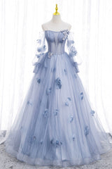 Off Shoulder Dress, Blue Tulle Long Sleeves Formal Dress with Flowers, Blue A-Line Prom Dress