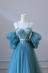 Prom Dresses Tulle, Blue Tulle Long Spaghetti Strap Prom Dress and Corset, Detachable off Shoulder Party Dress