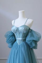Prom Dress Blue, Blue Tulle Long Spaghetti Strap Prom Dress and Corset, Detachable off Shoulder Party Dress
