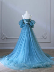 Prom Dresses Blues, Blue Tulle Long Spaghetti Strap Prom Dress and Corset, Detachable off Shoulder Party Dress
