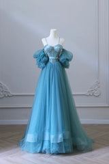 Prom Dress Tulle, Blue Tulle Long Spaghetti Strap Prom Dress and Corset, Detachable off Shoulder Party Dress