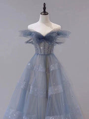 Prom Dress Ideas, Blue Tulle Off Shoulder Long Prom dress, Blue A line Evening Dress