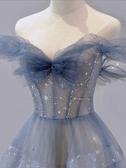 Prom Dress Blue, Blue Tulle Off Shoulder Long Prom dress, Blue A line Evening Dress