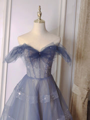 Night Dress, Blue Tulle Off Shoulder Long Prom dress, Blue A line Evening Dress