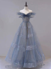 Winter Formal Dress Short, Blue Tulle Off Shoulder Long Prom dress, Blue A line Evening Dress