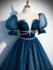 Dress Prom, Blue Tulle Off Shoulder Long Prom Dress, Blue Tulle Formal Dress