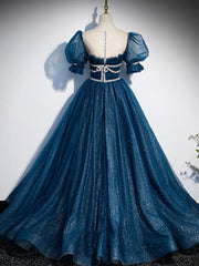 Black Lace Dress, Blue Tulle Off Shoulder Long Prom Dress, Blue Tulle Formal Dress