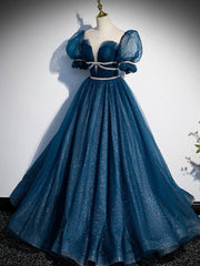 Black Tie Dress, Blue Tulle Off Shoulder Long Prom Dress, Blue Tulle Formal Dress
