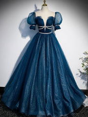 Short Formal Dress, Blue Tulle Off Shoulder Long Prom Dress, Blue Tulle Formal Dress