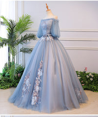 Prom Dress For Girl, Blue Tulle Off Shoulder with Lace Floral Long Party Dress, Cute Party Dress Prom Dress