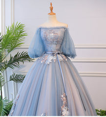 Prom Dresses For Girls, Blue Tulle Off Shoulder with Lace Floral Long Party Dress, Cute Party Dress Prom Dress