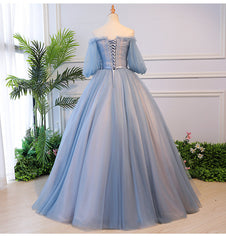 Prom Dresses For Girl, Blue Tulle Off Shoulder with Lace Floral Long Party Dress, Cute Party Dress Prom Dress