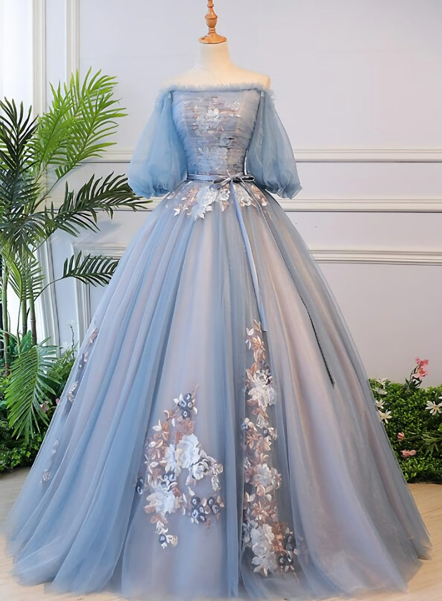 Prom Dresses For Short Girl, Blue Tulle Off Shoulder with Lace Floral Long Party Dress, Cute Party Dress Prom Dress
