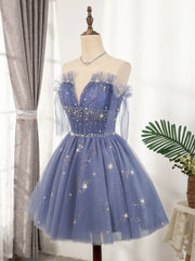 Formal Dress For Wedding Reception, Blue Tulle Sequin Short Prom Dress, Puffy Blue Homecoming Dress