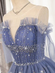 Formal Dresses For Wedding Guest, Blue Tulle Sequin Short Prom Dress, Puffy Blue Homecoming Dress