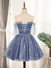 Formal Dresses For Weddings Guest, Blue Tulle Sequin Short Prom Dress, Puffy Blue Homecoming Dress