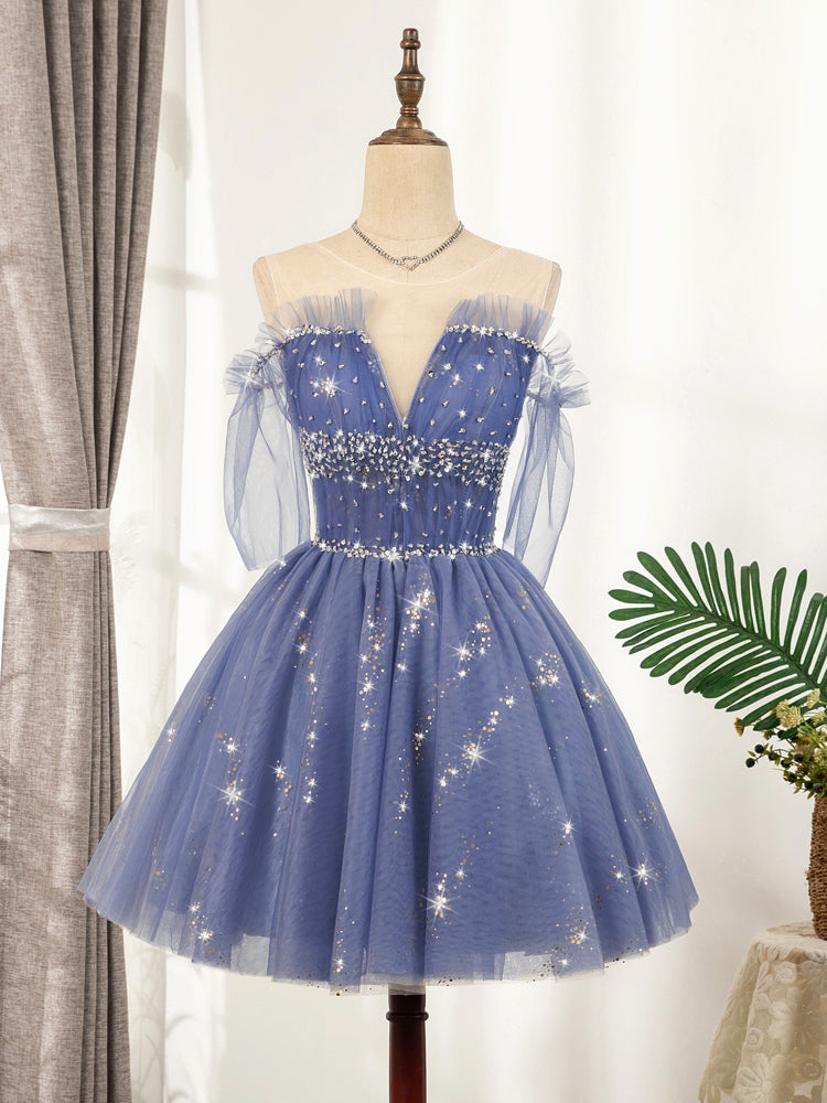 Formal Dress Attire For Wedding, Blue Tulle Sequin Short Prom Dress, Puffy Blue Homecoming Dress