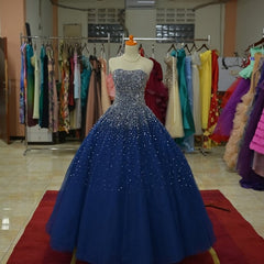 Party Dress Mid Length, Blue Tulle Sequins Long Ball Gown Formal Dress, Sparkle Blue Quinceanera Dress