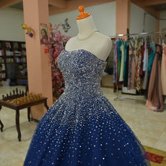 Party Dresses For Ladies 2030, Blue Tulle Sequins Long Ball Gown Formal Dress, Sparkle Blue Quinceanera Dress